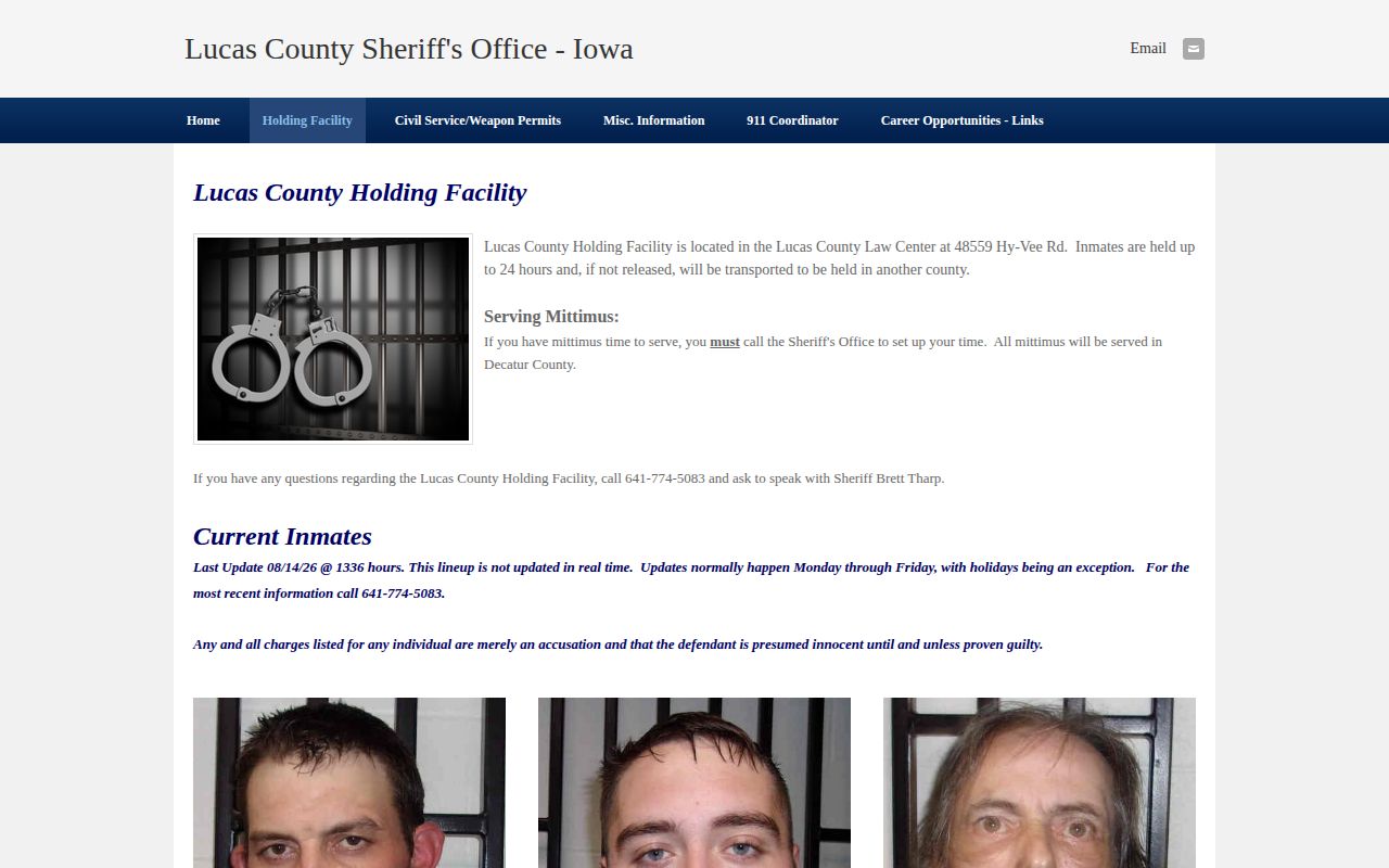 Lucas County Holding Facility current inmate record page